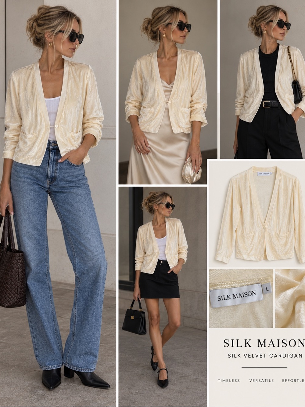 Silk Maison 100% Silk Velvet Ivory Cardigan Blazer Size L